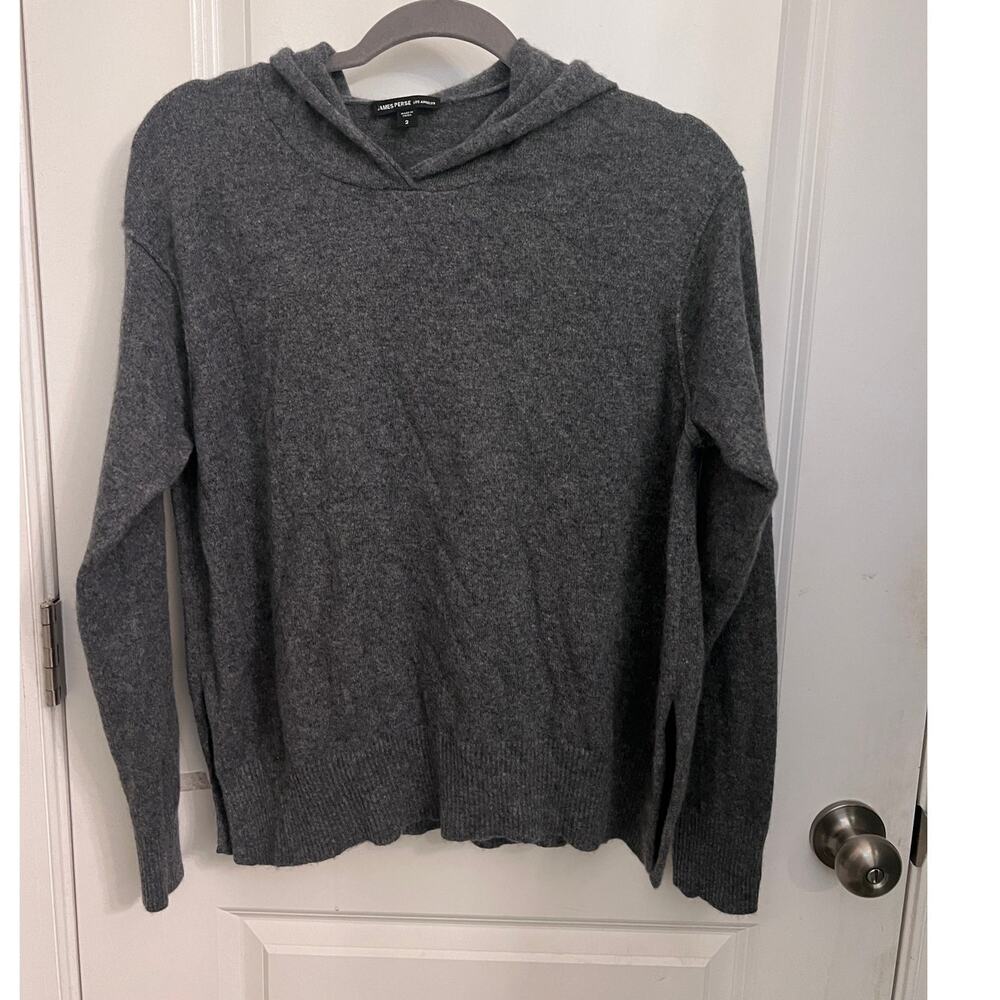 James Perse Cashmere Lotus Flower graphic Knit Hoodie Sweater Women's 2 / M Gray - Picture 2 of 7